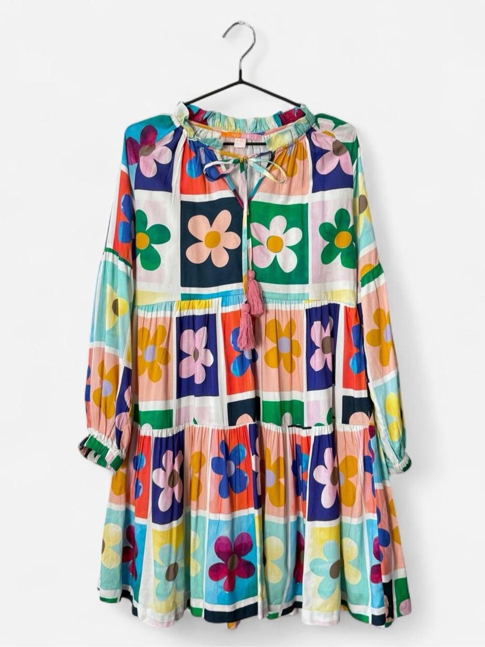 Maximalist Luxury Multicolor Floral Patchwork Tiered Dress w Tassel Boho Indie